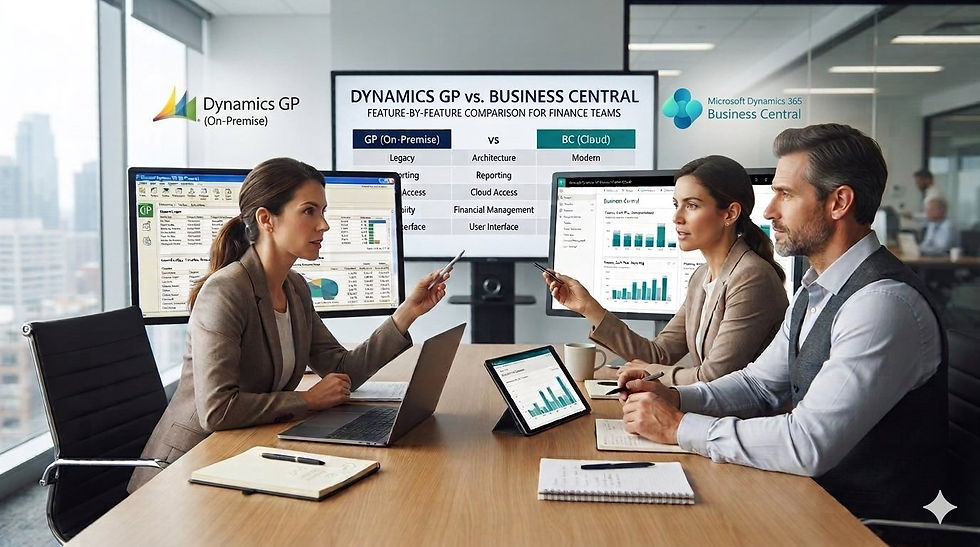 Office meeting with four coworkers comparing Dynamics GP vs. Business Central on screens, pointing at charts, focused.