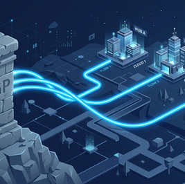 An isometric 3D digital illustration featuring a weathered stone pillar on the left, prominently engraved with the letters "GP." From the pillar, three glowing neon-blue paths of light emerge and flow toward the right. These paths lead to three distinct, modern architectural hubs labeled "HUB A / CLOUD 1," "HUB B / CLOUD 2," and "HUB C / CLOUD 3." The hubs consist of sleek, glowing skyscrapers set on raised platforms. The entire scene is rendered in a clean, corporate minimal style with a color palette of deep navy, slate gray, and vibrant tech-blue, set against a dark background with subtle grid lines and geometric landscape elements.