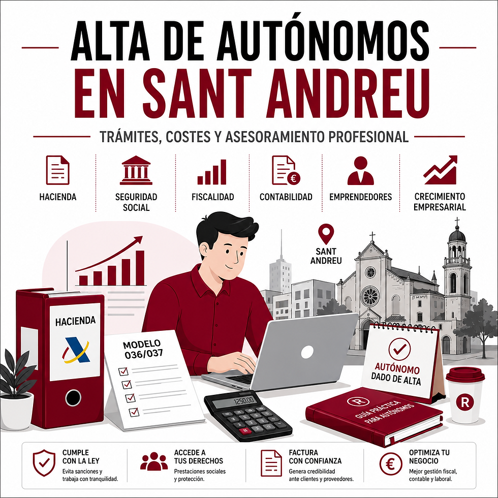 Ilustración vectorial sobre el alta de autónomos en Sant Andreu con trámites en Hacienda y Seguridad Social, gestión fiscal, contabilidad y asesoramiento profesional para emprendedores.