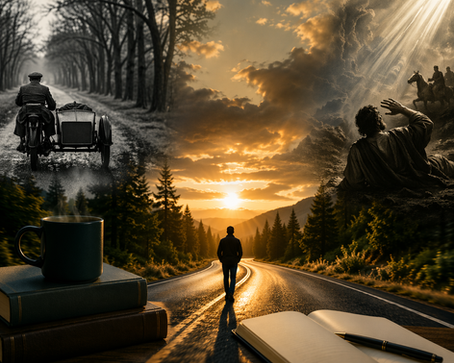 A cinematic blog header showing a lone man walking down a winding road toward a glowing sunset, with a vintage motorcycle sidecar scene on one side and a dramatic biblical-style conversion scene on the other, symbolizing spiritual transformation and truth encountered on the journey.