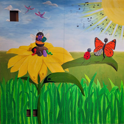 painted mural of an outdoor scene with a flower, sun grass and insects drawn in a cartoon style