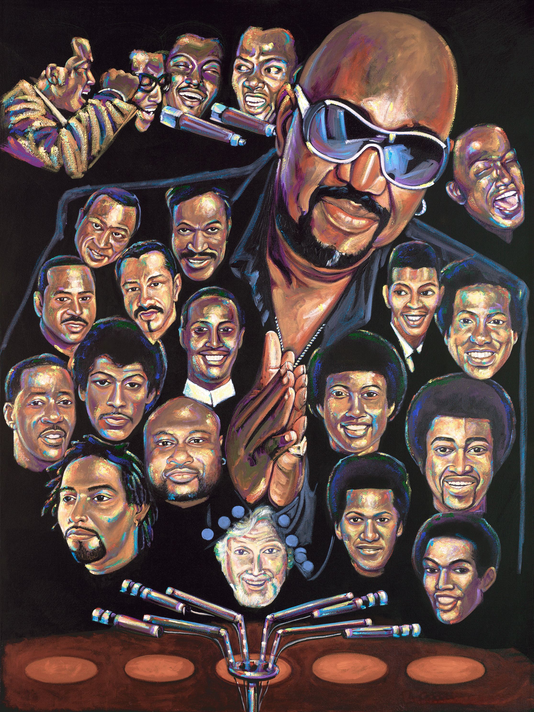 René Dickerson’s colorful montage of Motown performers and microphones