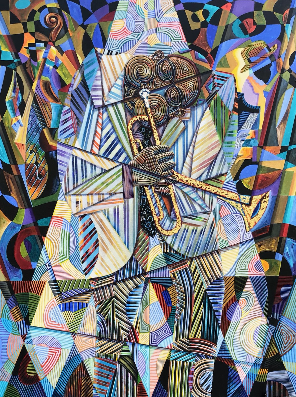 A trumpet player rendered in intricate colorful geometric lines by René Dickerson