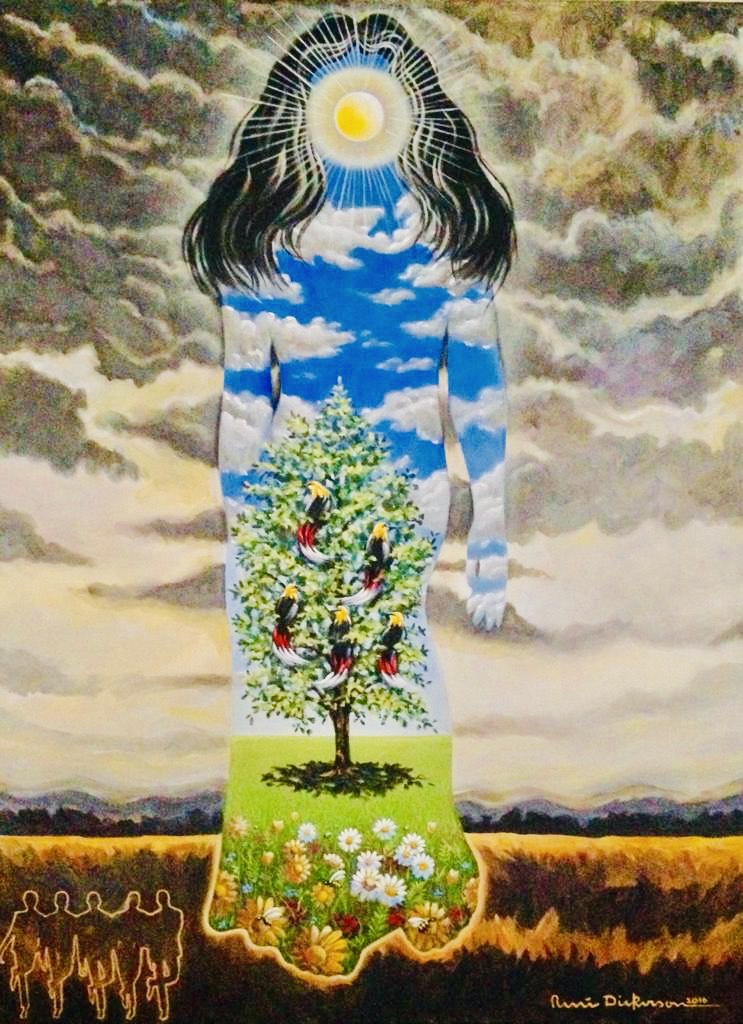 René Dickerson painting of a woman’s silhouette filled with sky, flowers and a tree, with five performers below