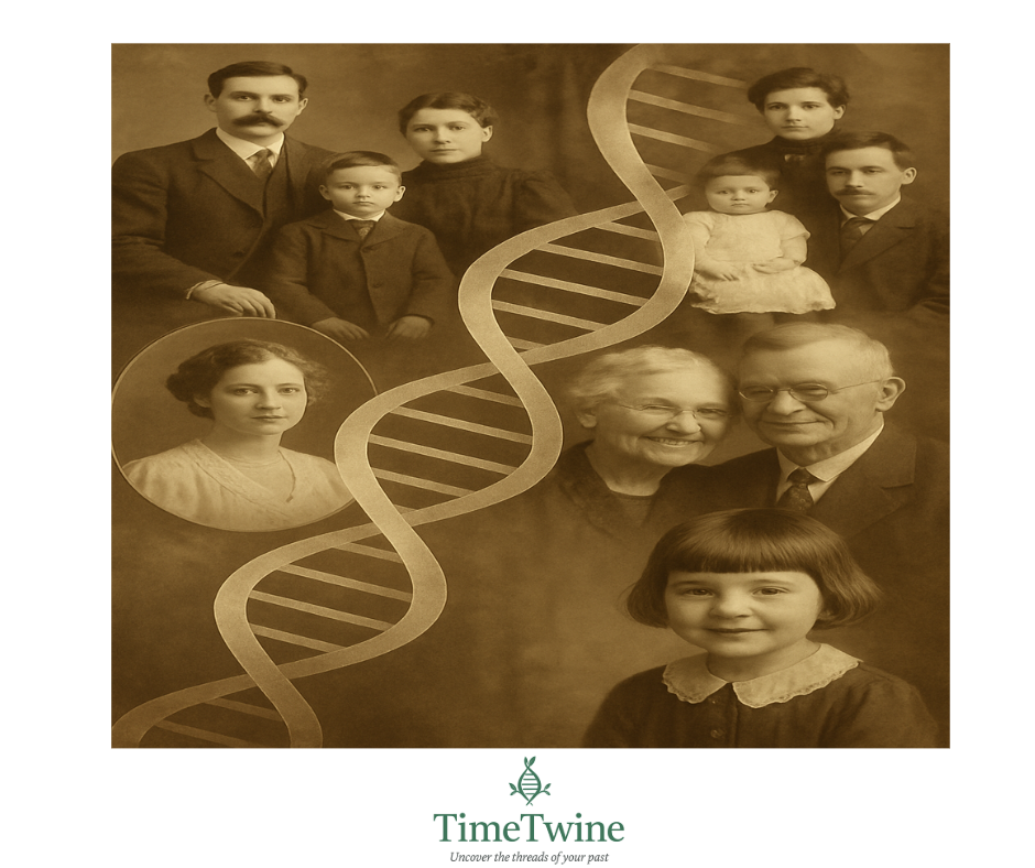 Sepia image of families with DNA strain running through them