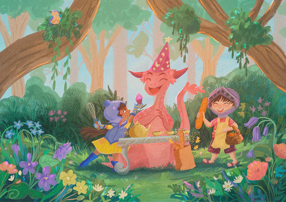 an illustration of two children a girl and a boy having tea party with a dragon