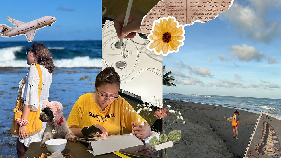 A creative visual narrative of a freelance illustrator's lifestyle and travels. On the left, a woman dressed casually with a backpack observes a paper airplane, symbolizing travel and inspiration. In the middle, the artist is seen drawing on a digital tablet, hinting at the mobile nature of freelance work. The right side shows her walking on a beach, indicating the flexibility and freedom of a freelancer's life. The images are adorned with floral graphics and postage stamp edges, emphasizing the themes of travel and correspondence.