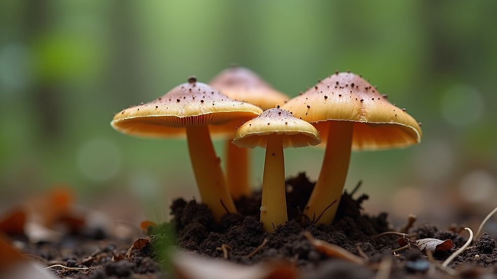 Close-up view of psilocybin mushrooms growing in natural forest soil