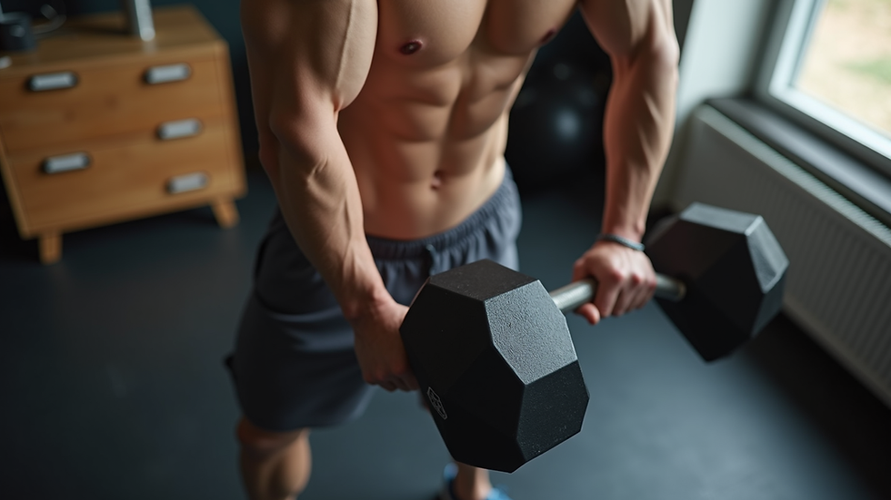 High angle view of a person doing strength training with dumbbells at home