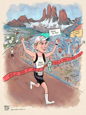 Corriendo maratón en Torres del Paine - caricatura