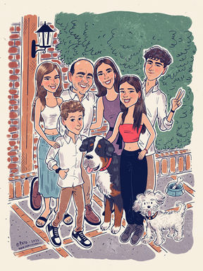 Caricatura de familia y mascotas
