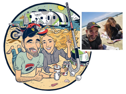 Caricatura en la playa, padre e hija