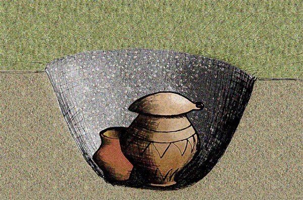 lots of grassUrnfield Culture grave with funerary urn c. 1300 BCE illustration burial mounds