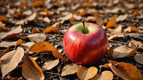 Close-up view of decomposing apple amidst fallen leaves