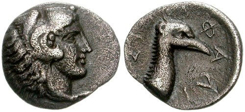Stymphalia, 370-350 BC depicting Heracles on obverse, Stymphalian bird on reverse.