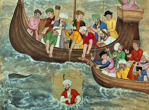 Alexander in Arabic style being lowered into the water in a glass diving bell
