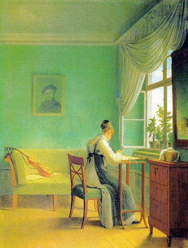 Woman Embroidering by Georg Friedrich Kersting 1812 with Scheele's Green