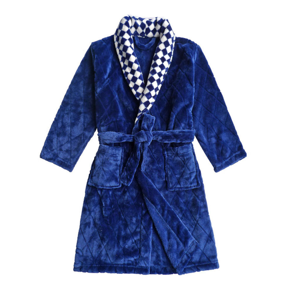 Soft Plush Diamond Pattern Lapel Bathrobes for Boys Girls Bath Homewear, Dark Bl