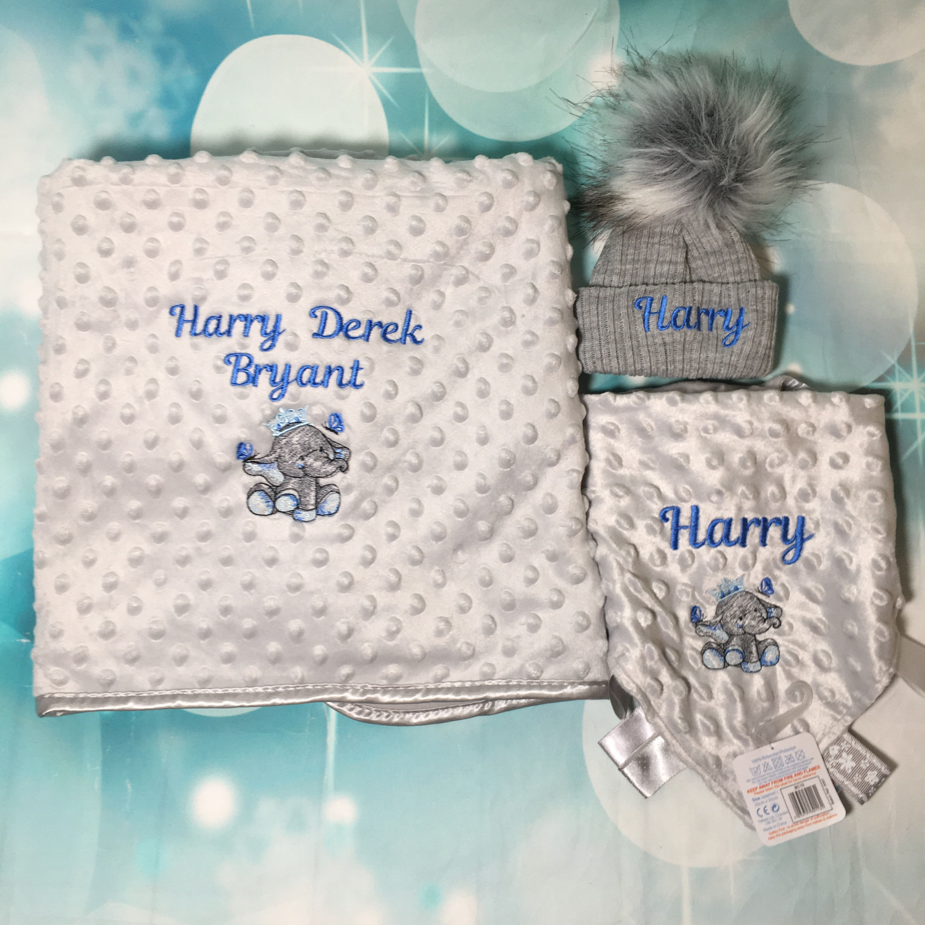 Elephant crown blanket, taggy and hat.