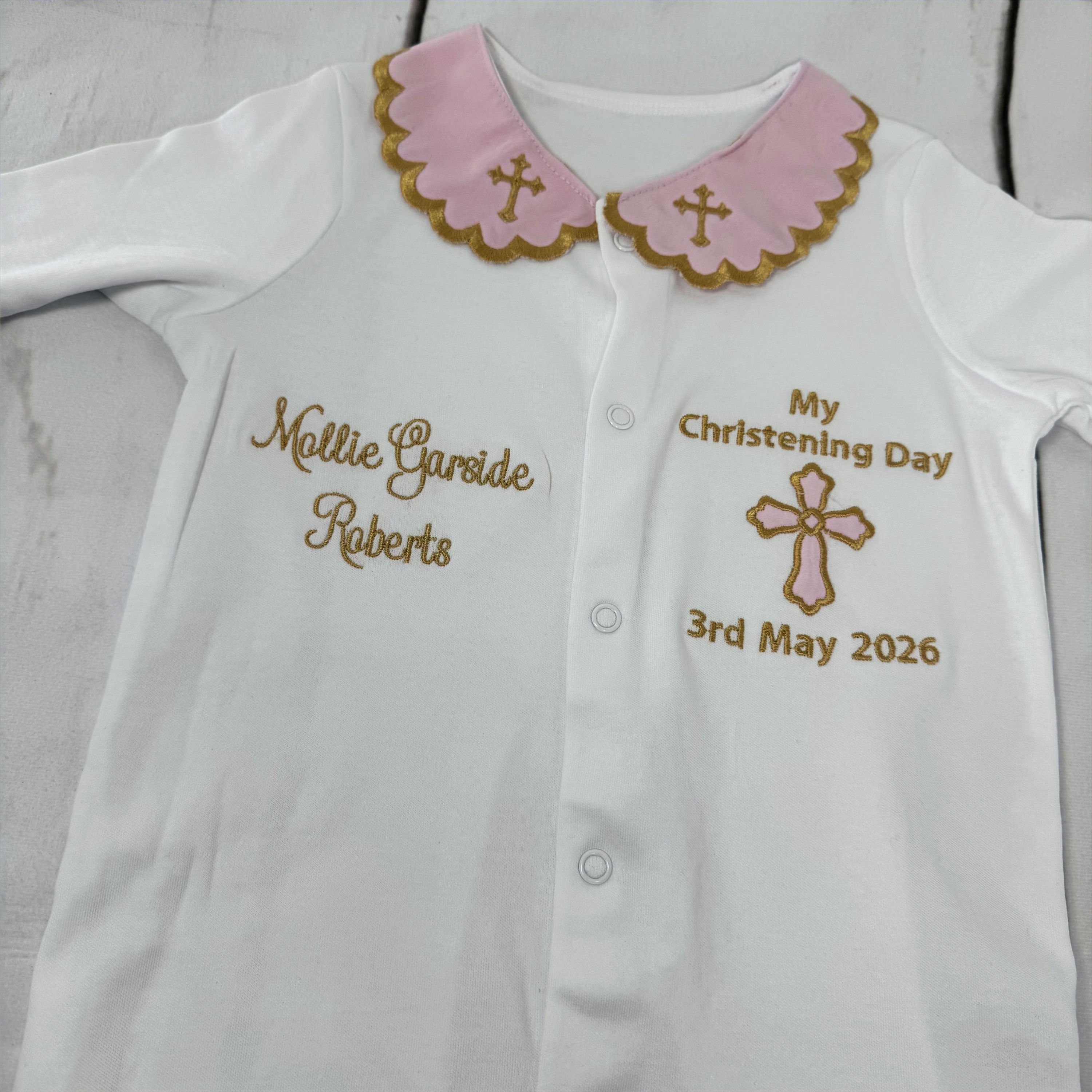 Personalised Christening Sleepsuit with Collar – Pink & Gold or Blue & Gold