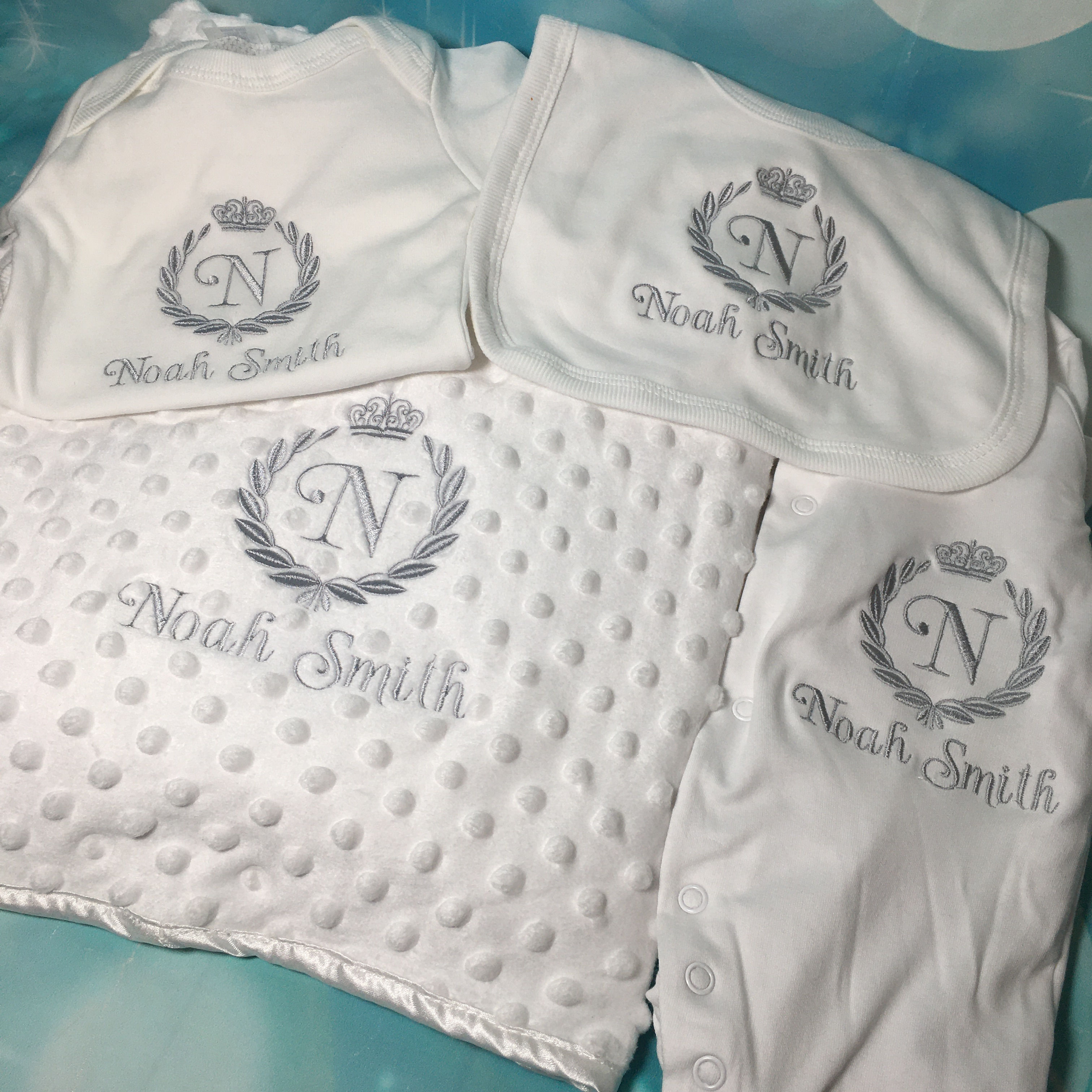 copy of Blanket, baby grow, bib and vest.