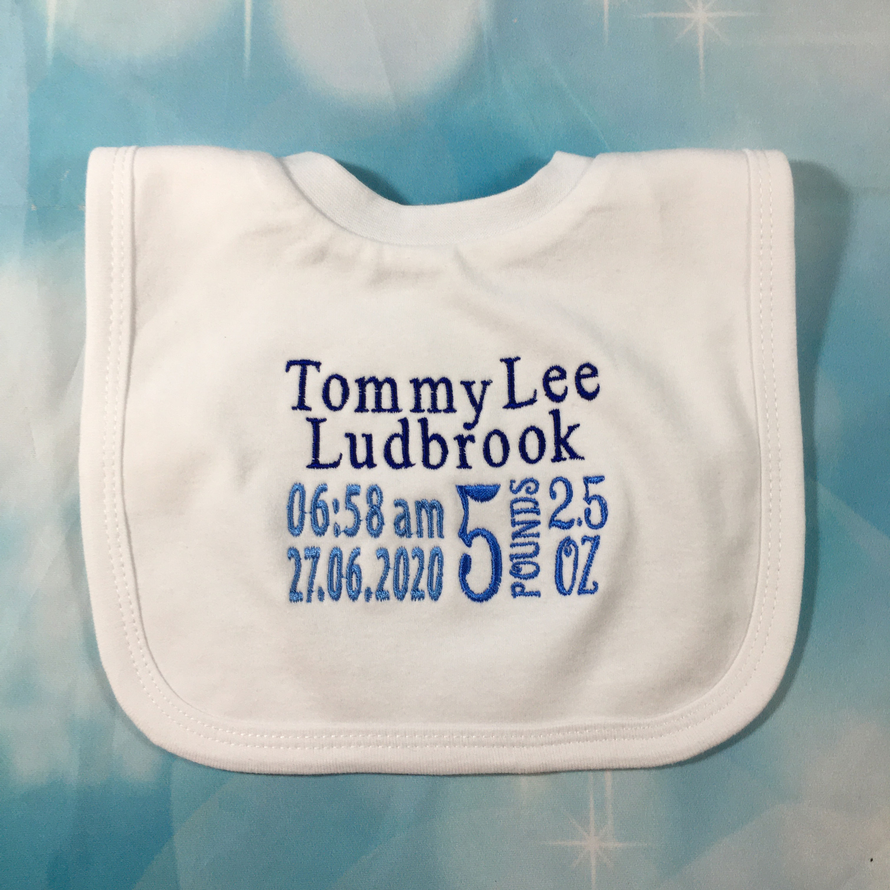 Birth details pink or blue details bib.