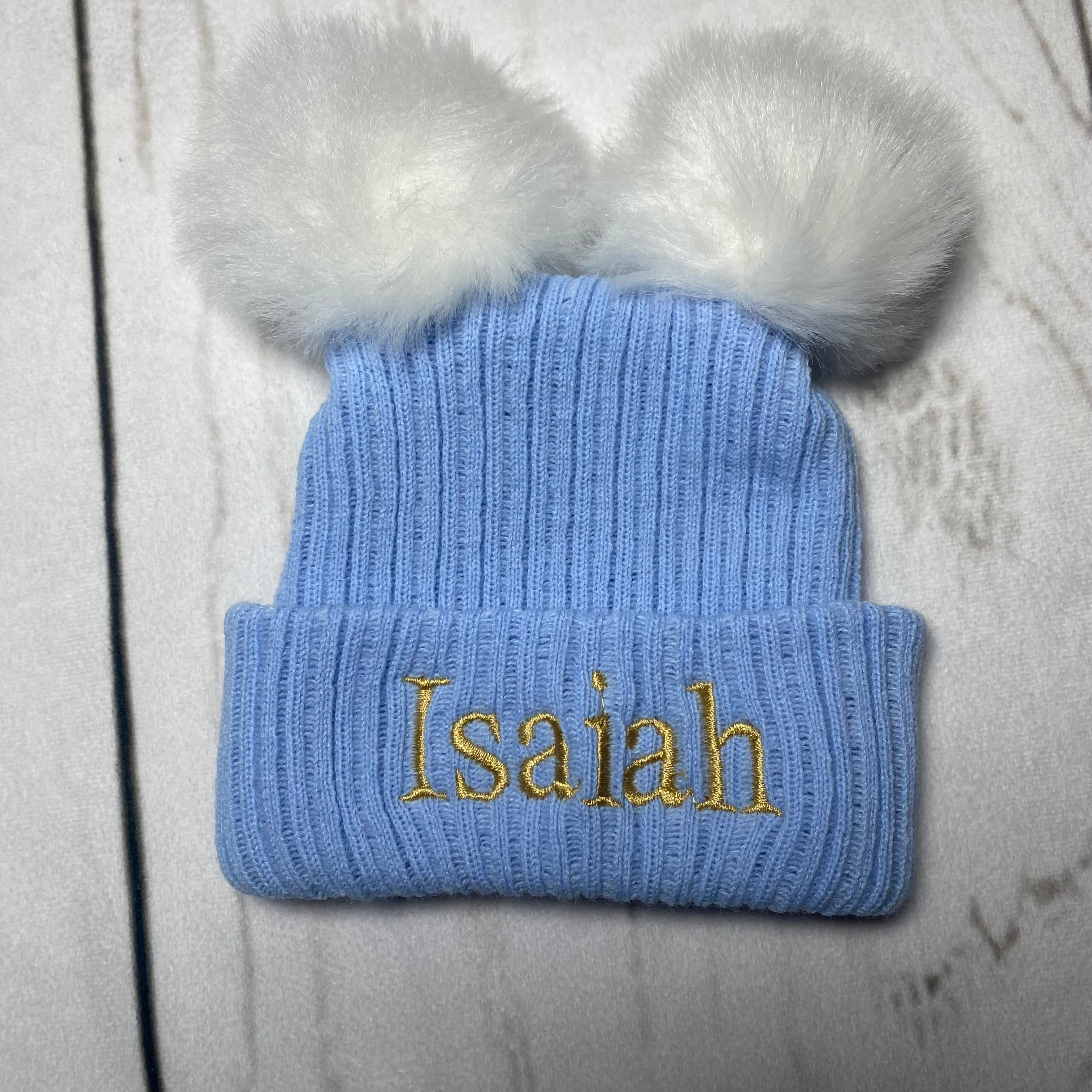 Blue double pom pom hat 0-3m