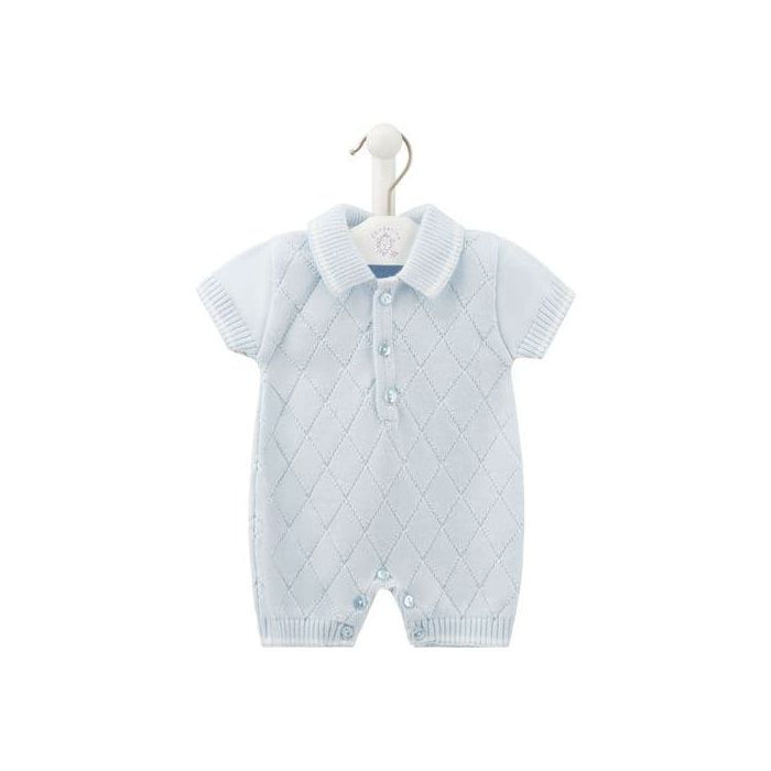 Diamond knit collared romper  blue/white.