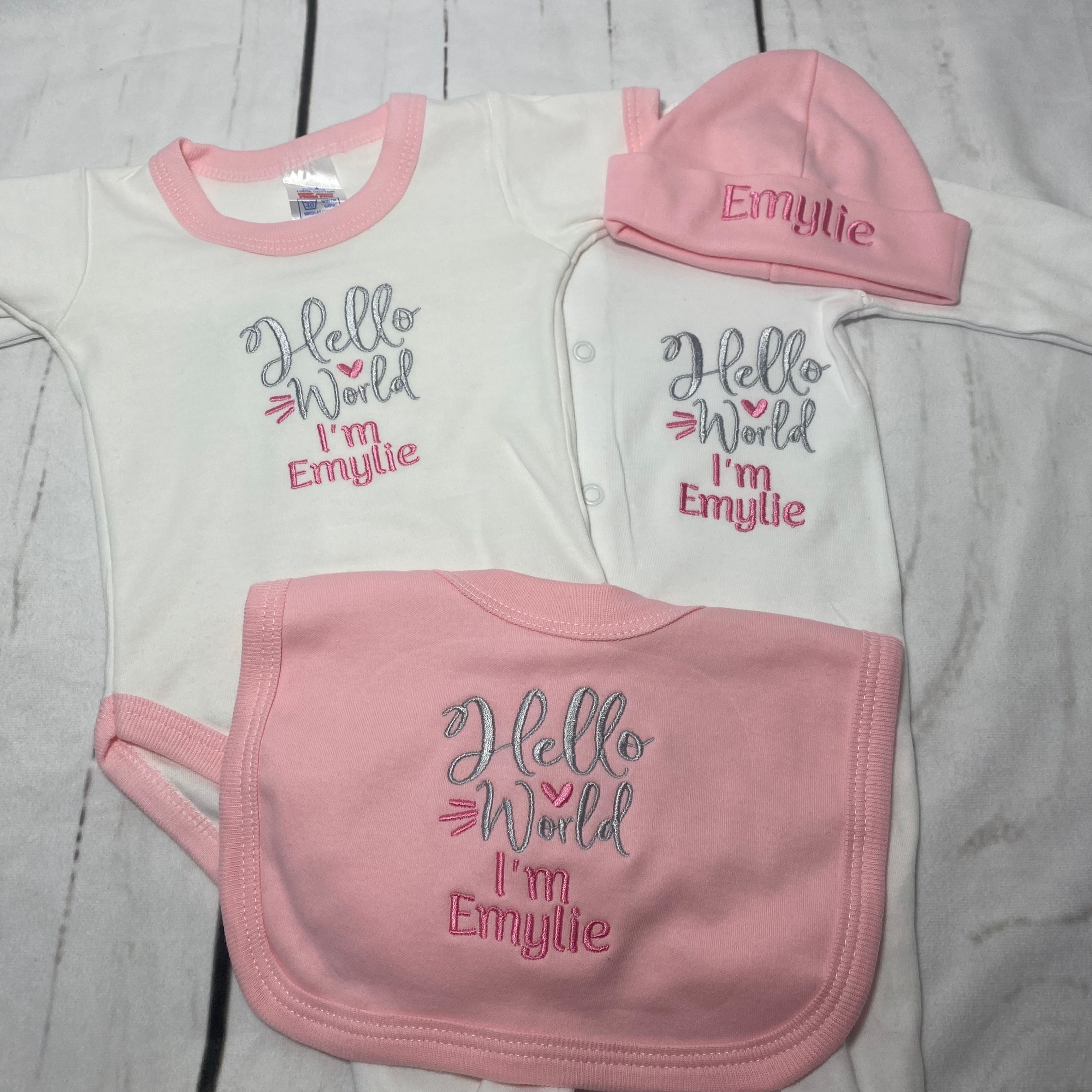 hello worldset. baby grow, vest, bib hat