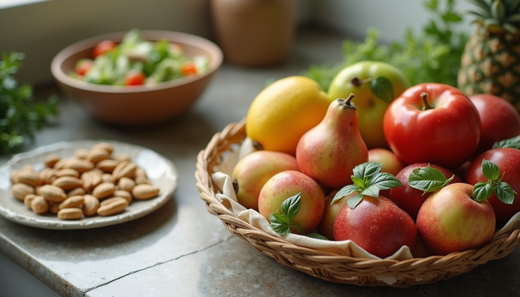 High angle view of a kitchen counter with fresh fruits, nuts, and a bowl of salad