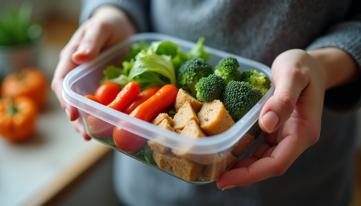 Close-up view of a hand holding a portion-controlled meal prep container with vegetables and protein