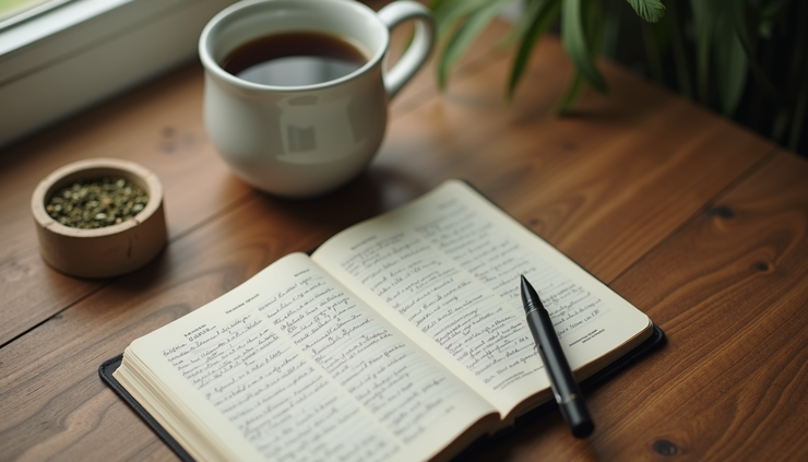 High angle view of a fitness journal and a cup of herbal tea on a wooden table