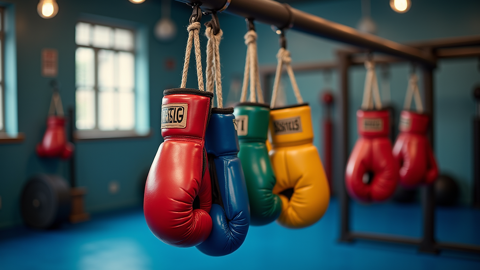 Close-up view of colorful boxing gloves hanging on a wall