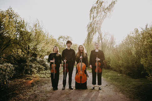 a quartet of musicians posing for a photo in Westerpark during sunset