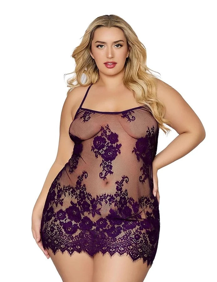 Floral Lace & Mesh Chemise- Plum
