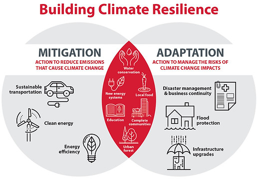 Mitigation and adaptation graphic describing different actions that can be taken to reduce greenhouse gas emissions, actions to manage the risks of climate change impacts, and actions that address both mitigation and adaptation efforts.