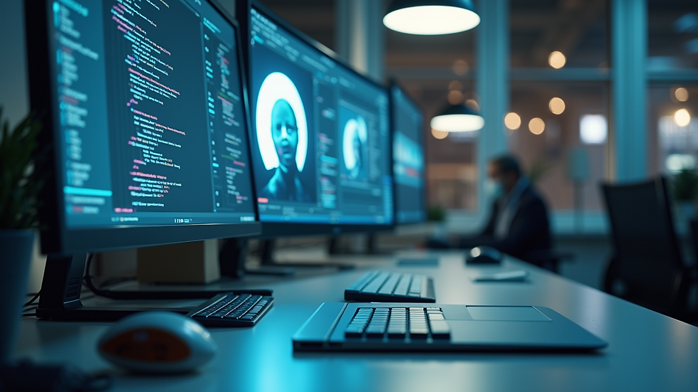 Eye-level view of a modern workspace with AI technology in use
