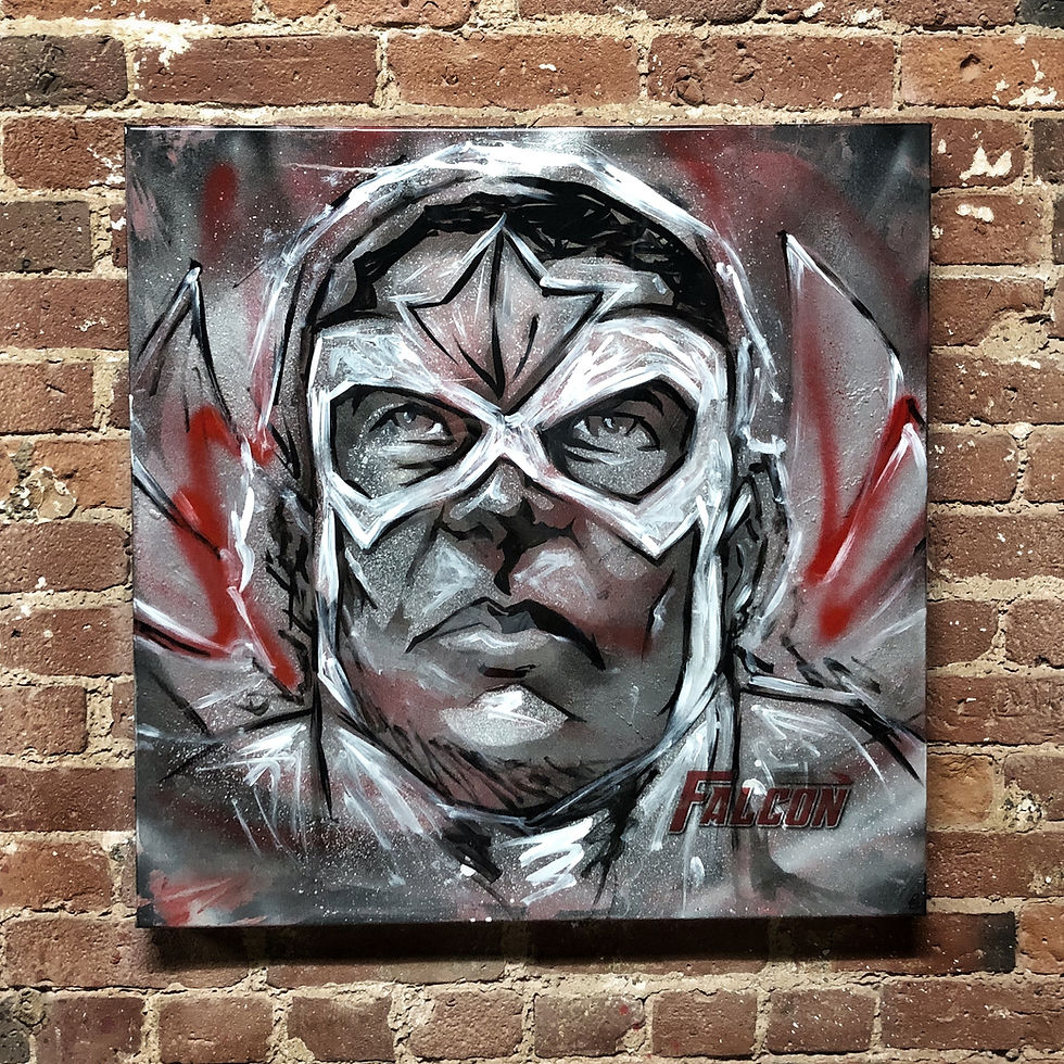 Falcon, 24"x24" Layered Mixed Media on Wood (Private Commission)