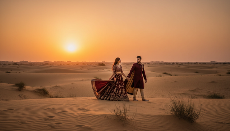 Eye-level view of a couple walking near golden sand dunes in Rajasthan