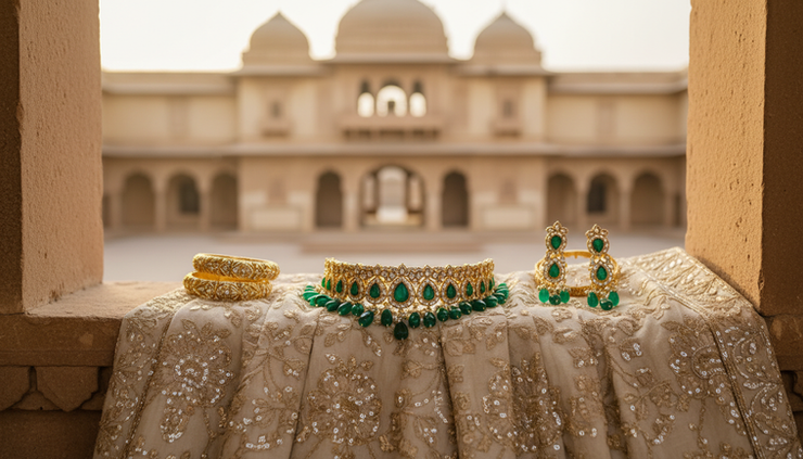 Close-up view of bridal jewellery and embroidered fabric arranged on carved sandstone