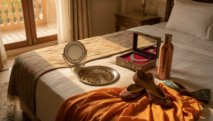 High-angle view of a styled pre-wedding shoot kit arranged on a heritage hotel bed