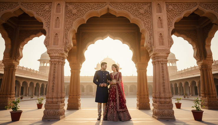 Wide-angle view of a couple standing in a palace courtyard in Rajasthan