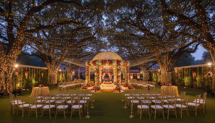 Eye-level view of a decorated farmhouse wedding lawn in South Delhi at dusk