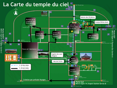 Carte détaillée du Temple du Ciel à Pékin avec accès par métro, suggestions de visite et monuments à découvrir
