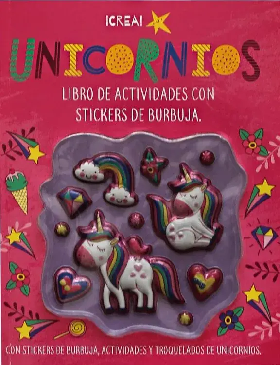 UNICORNIOS. Libro de actividades con stickers de burbuja