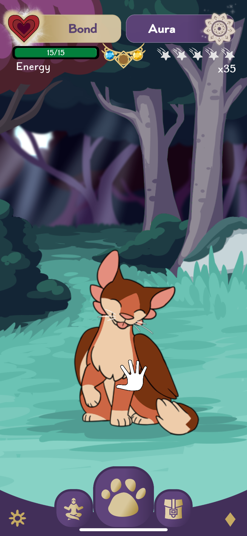User virtually petting a Fox like creature named Amaru in the forest