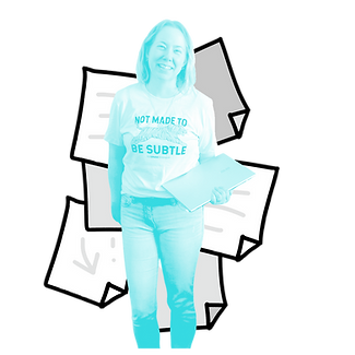 Bright blue photo of Christina wearing jeans and a t shirt and holding a laptop. There are illustrated sticky-notes behind her