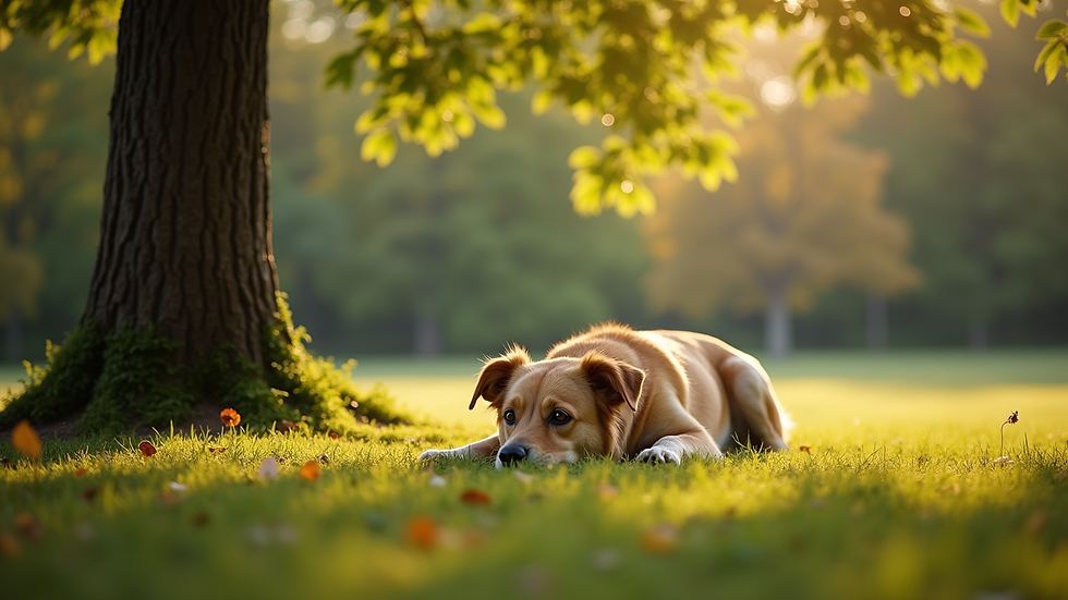 Eye-level view of a dog resting in the shade under a tree