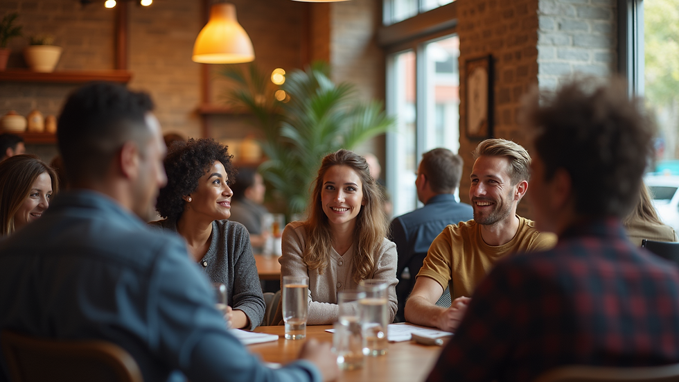 Eye-level view of a cozy community gathering space with diverse individuals engaging in conversation