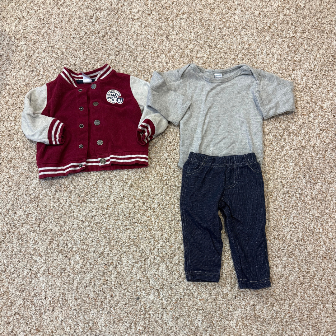 6M Long Sleeve Onesie, Football Letterman & Sweat Jeans